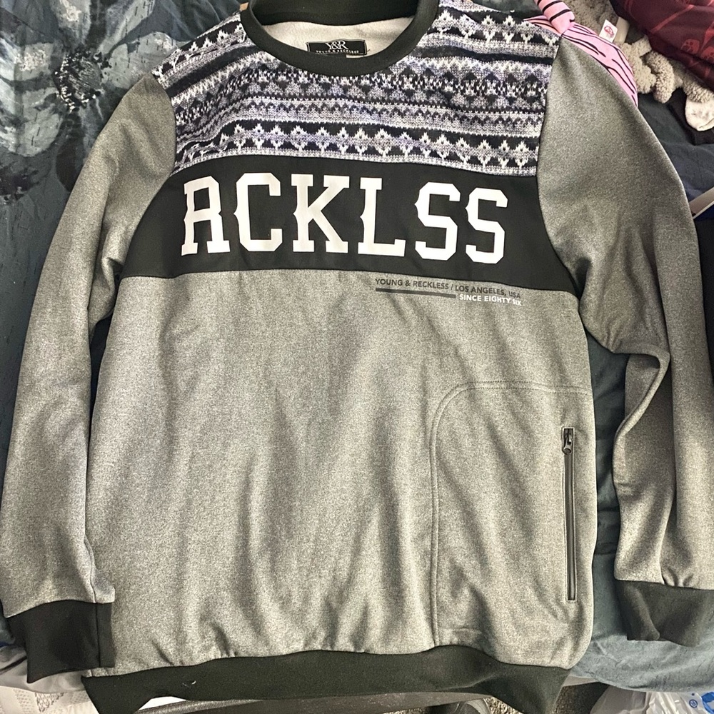 NEW Grey Young and Reckless Sweater w/ One pocket.